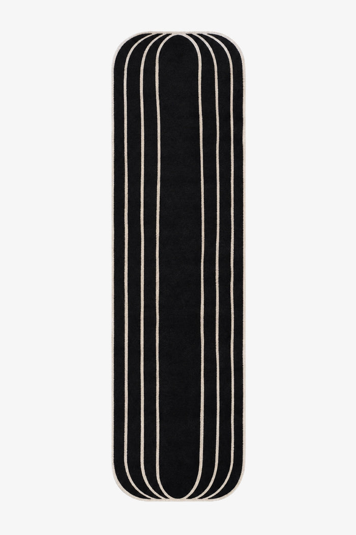 contemporary black and white runner rug with curved edges