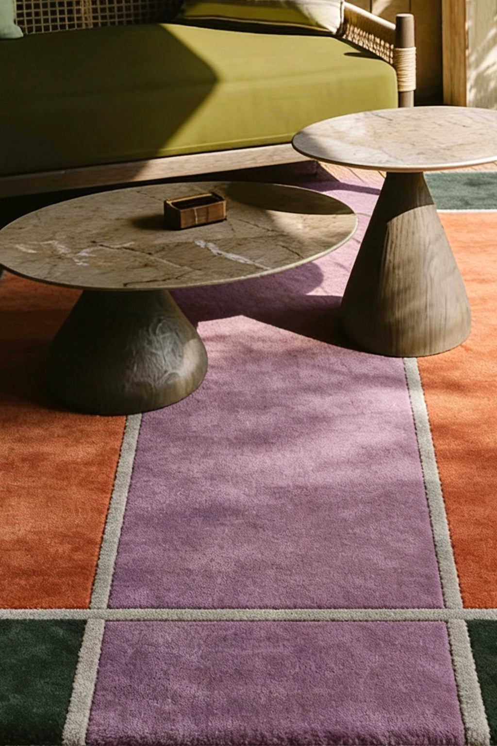 Two round stone tables on a color blocked rug with a green sofa in the background lifestyle