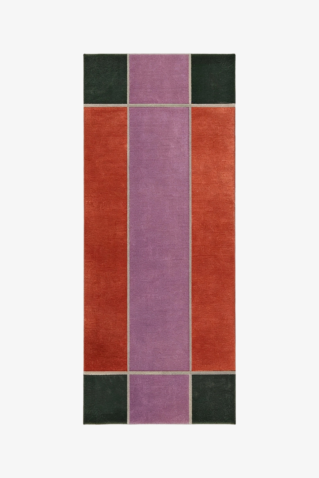 runner rug with a geometric pattern of red, purple, and green on a white background | 2.5'x 6'