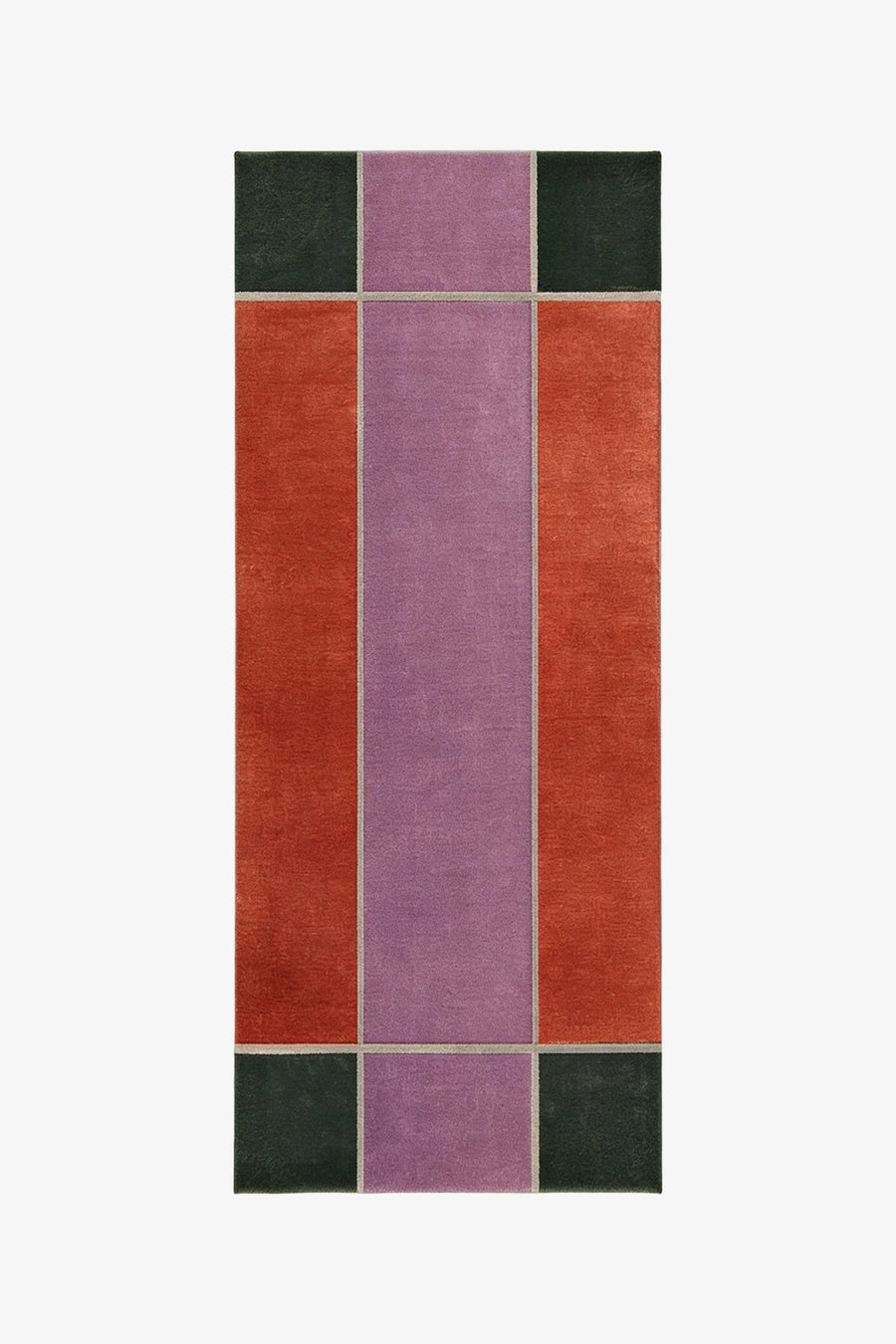 runner rug with a geometric pattern of red, purple, and green on a white background | 2.5'x 6'