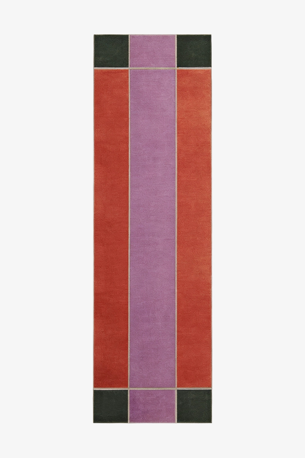 runner rug with a striped pattern of red, purple, and green on a white background | 3' x 10'