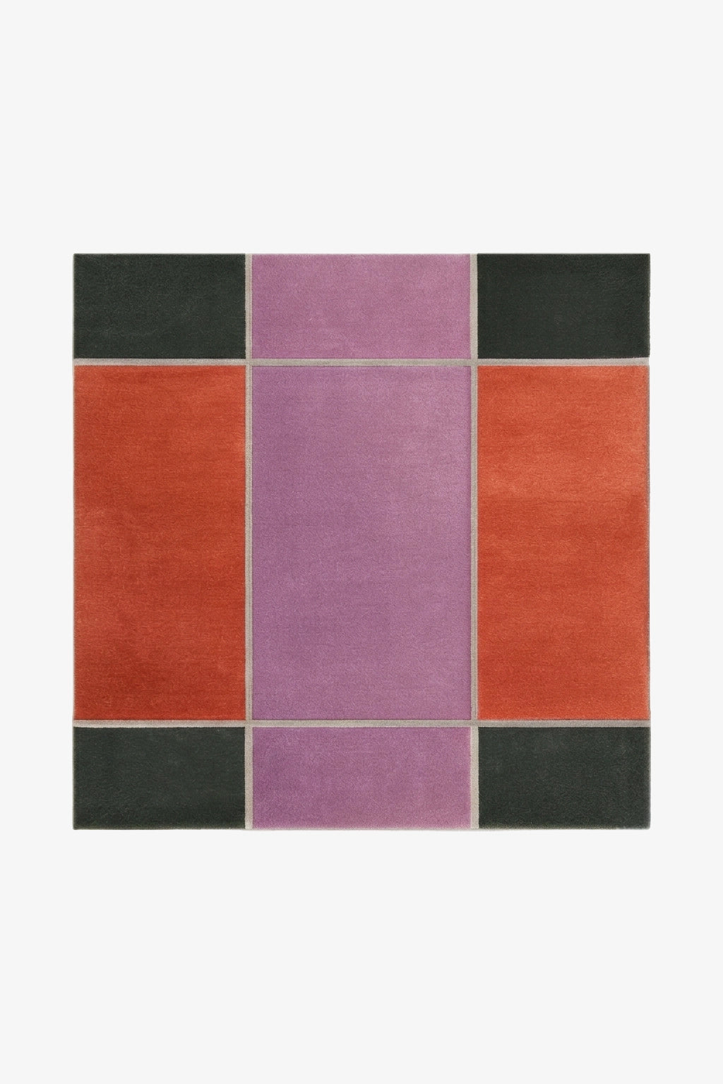 square rug with a geometric pattern of color blocks in orange, purple, and green on a white background