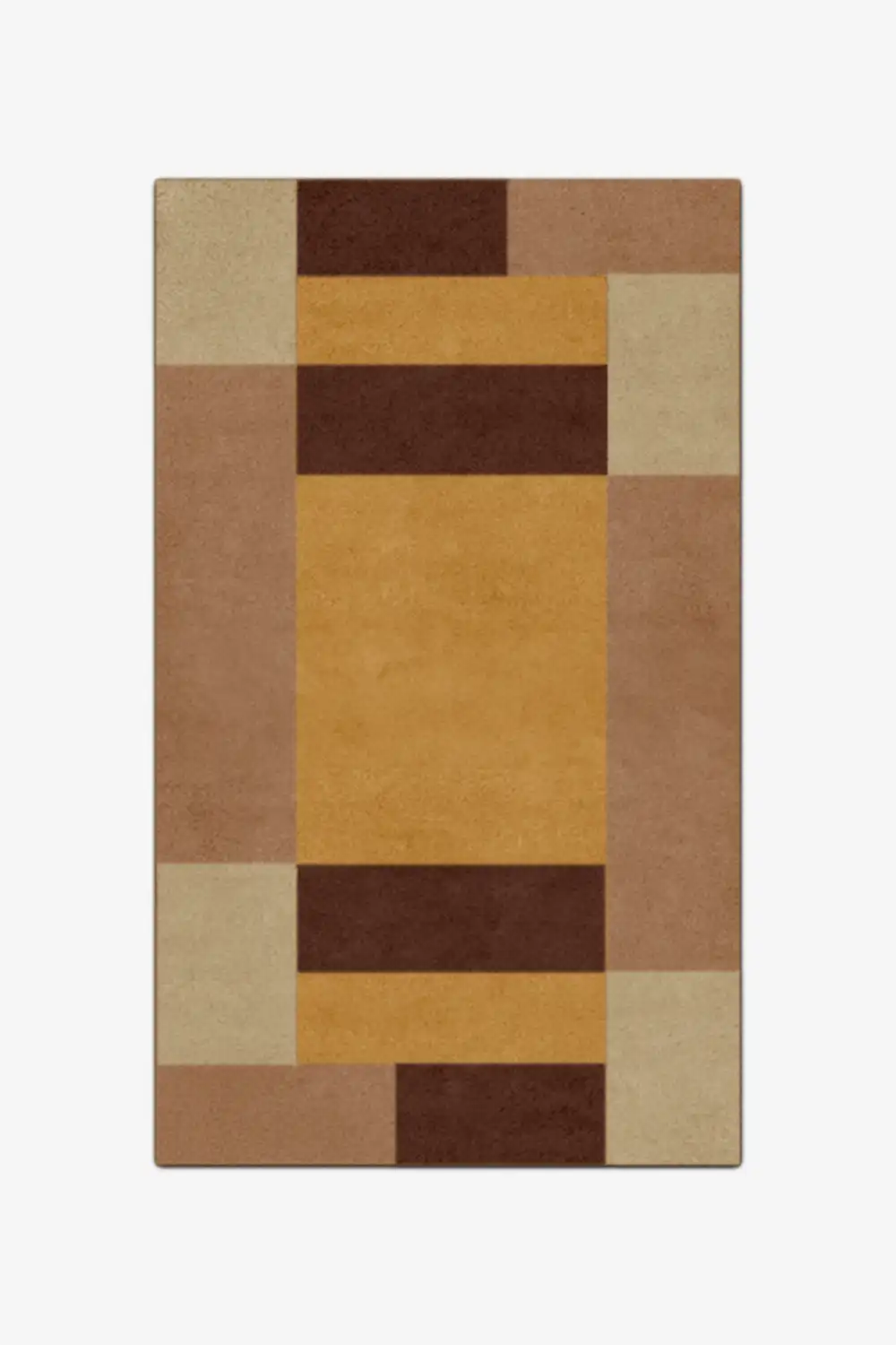Rectangular rug with a geometric pattern in brown and beige colors on a white background