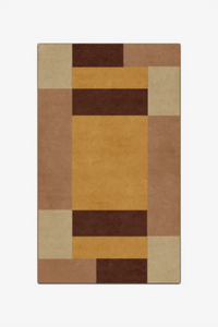 Rectangular rug with a geometric pattern in brown and beige colors on a white background