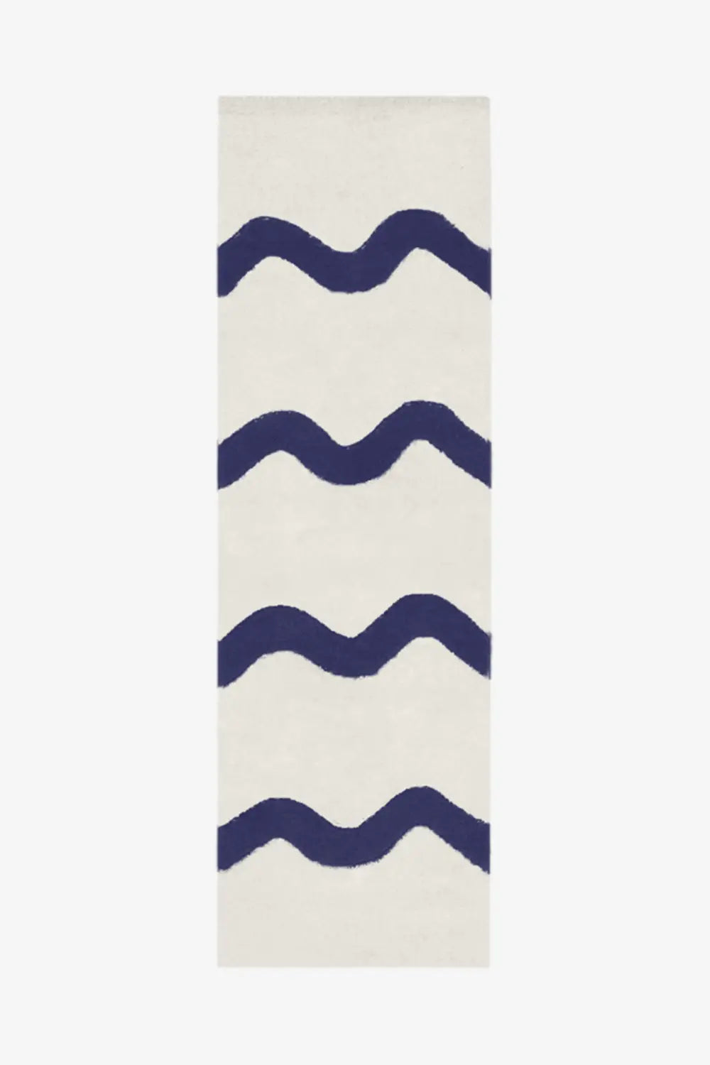 Cream wool runner rug with navy blue wavy stripes, modern nautical runner rug