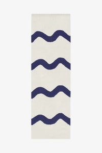 Cream wool runner rug with navy blue wavy stripes, modern nautical runner rug