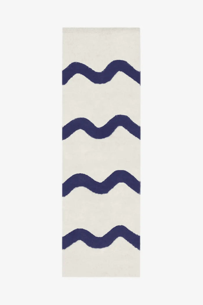 Cream wool runner rug with navy blue wavy stripes, modern nautical runner rug