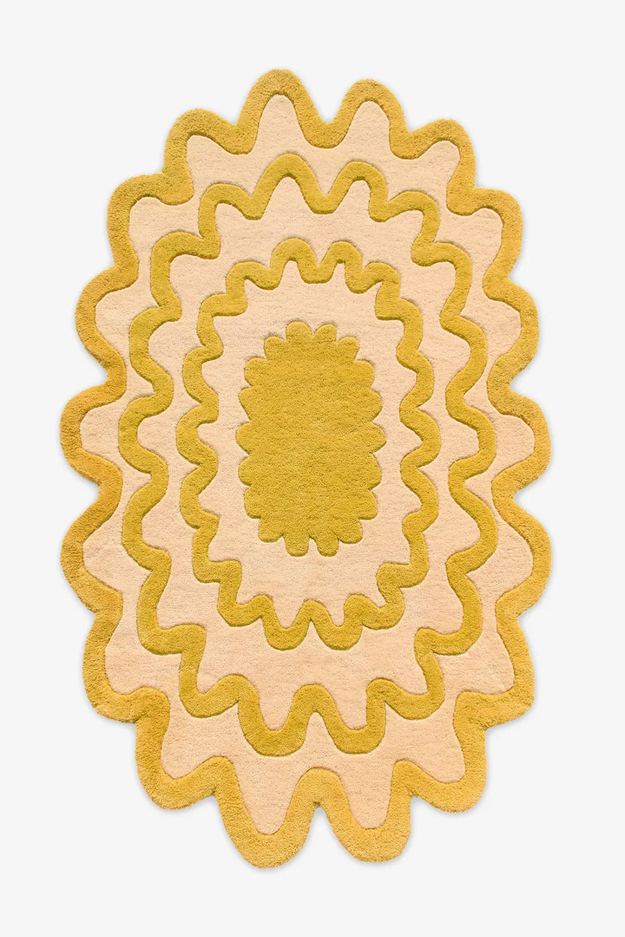Golden yellow ripple oval wool rug, playful wavy pattern, perfect funky rug for retro interiors