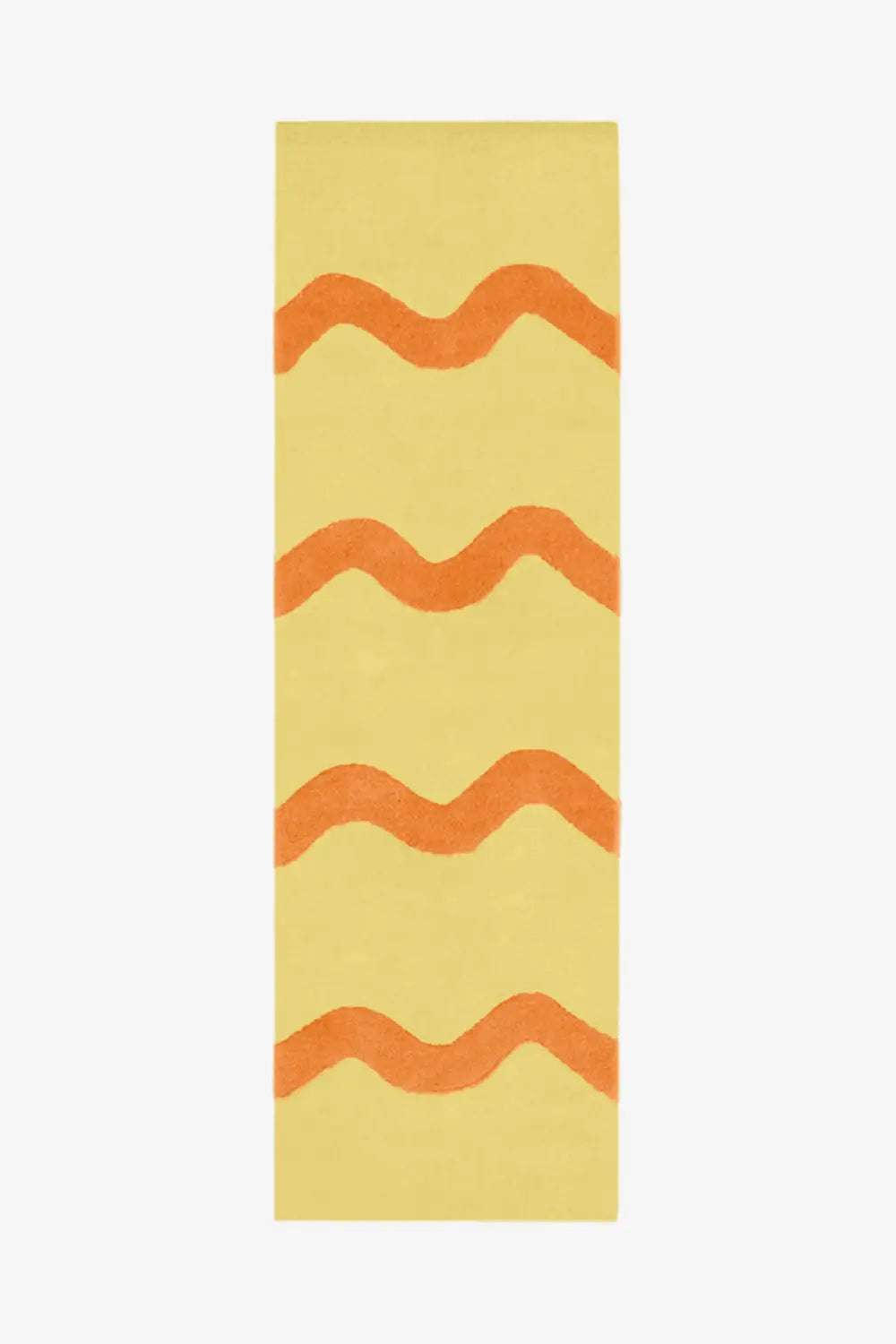 Sunshine yellow and orange wool runner rug with bold wavy stripe design, colorful retro runner rug