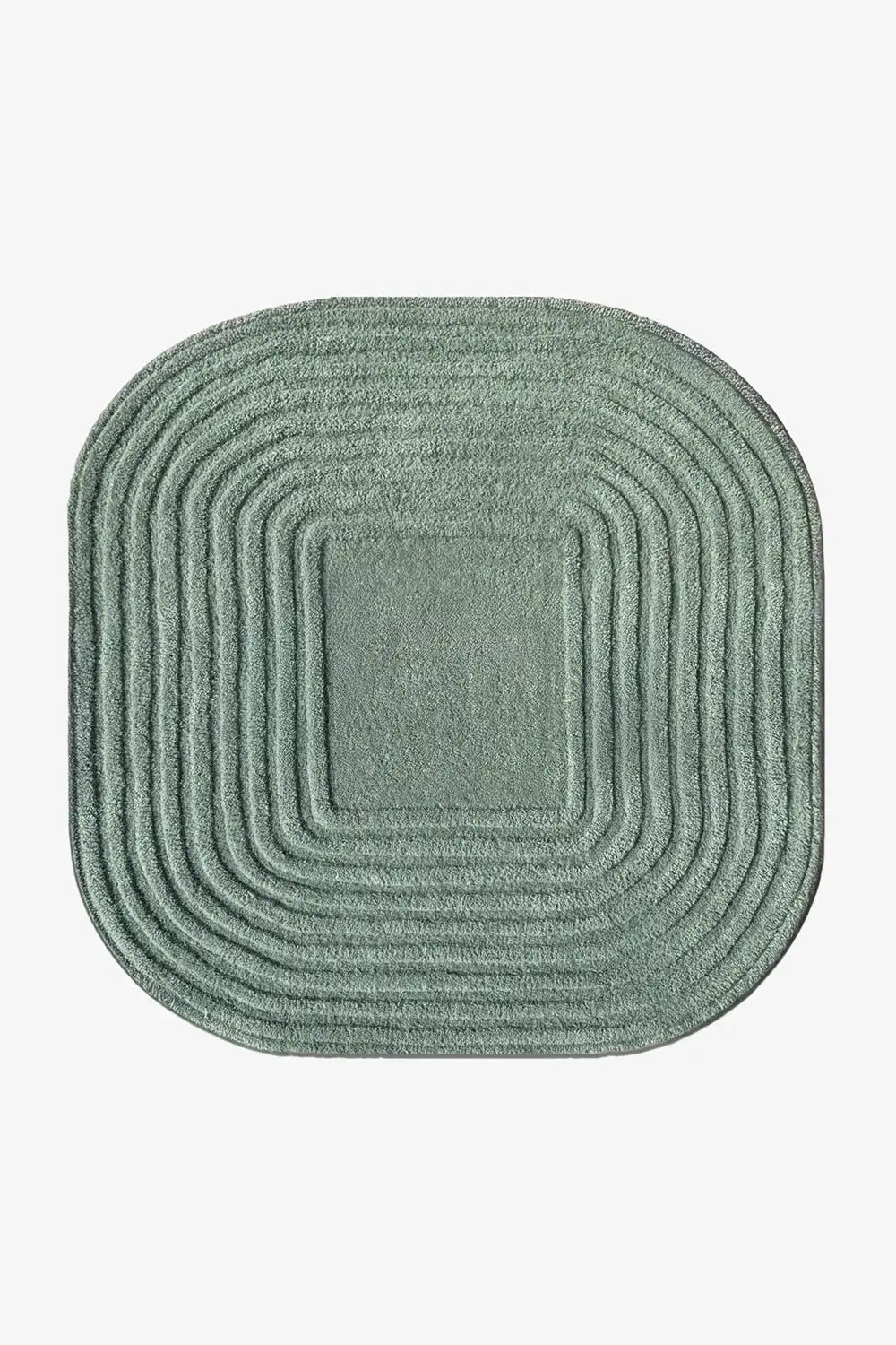 modern sage green square textured rug with rounded corners and sculpted stripes on a white background