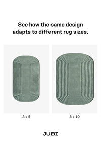 Two sage green rugs with dimensions labeled '3x5' and '8x10' on a white background, featuring the brand 'JUBI RUGS'.