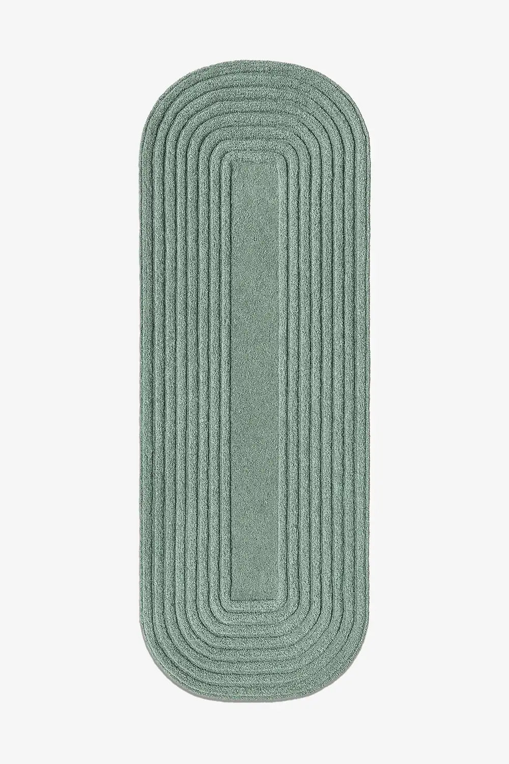 sage green wool runner rug with textured organic stripe pattern and rounded edges