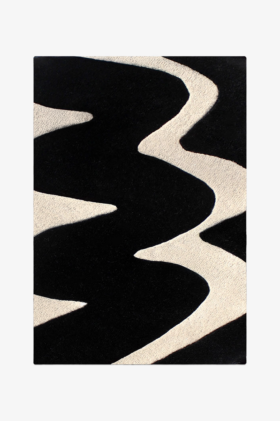 A rectangular area rug with a bold abstract pattern of thick, wavy black and cream stripes, shown flat against a light gray background.