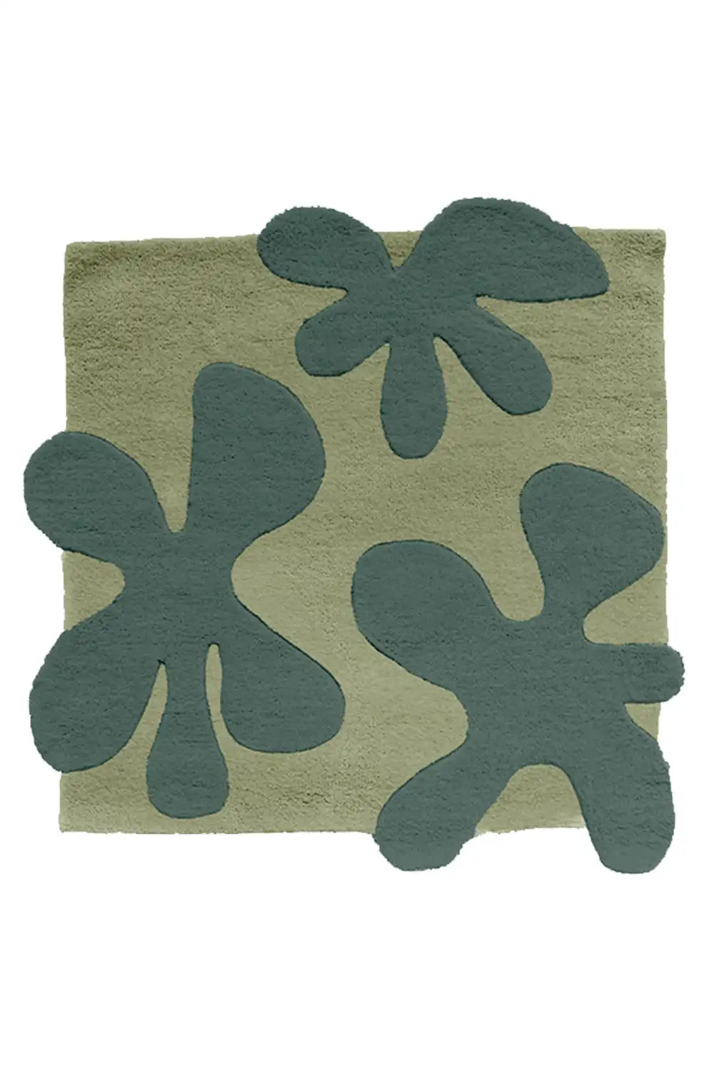 Olive green and dark teal floral square rug, colorful funky wool rug