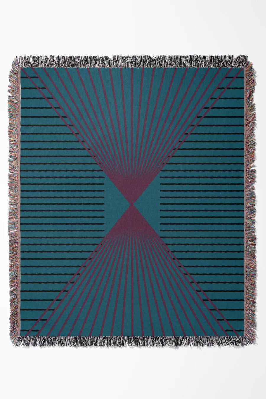 90s-style cotton woven throw blanket in teal, pink, and black with a geometric pattern.

