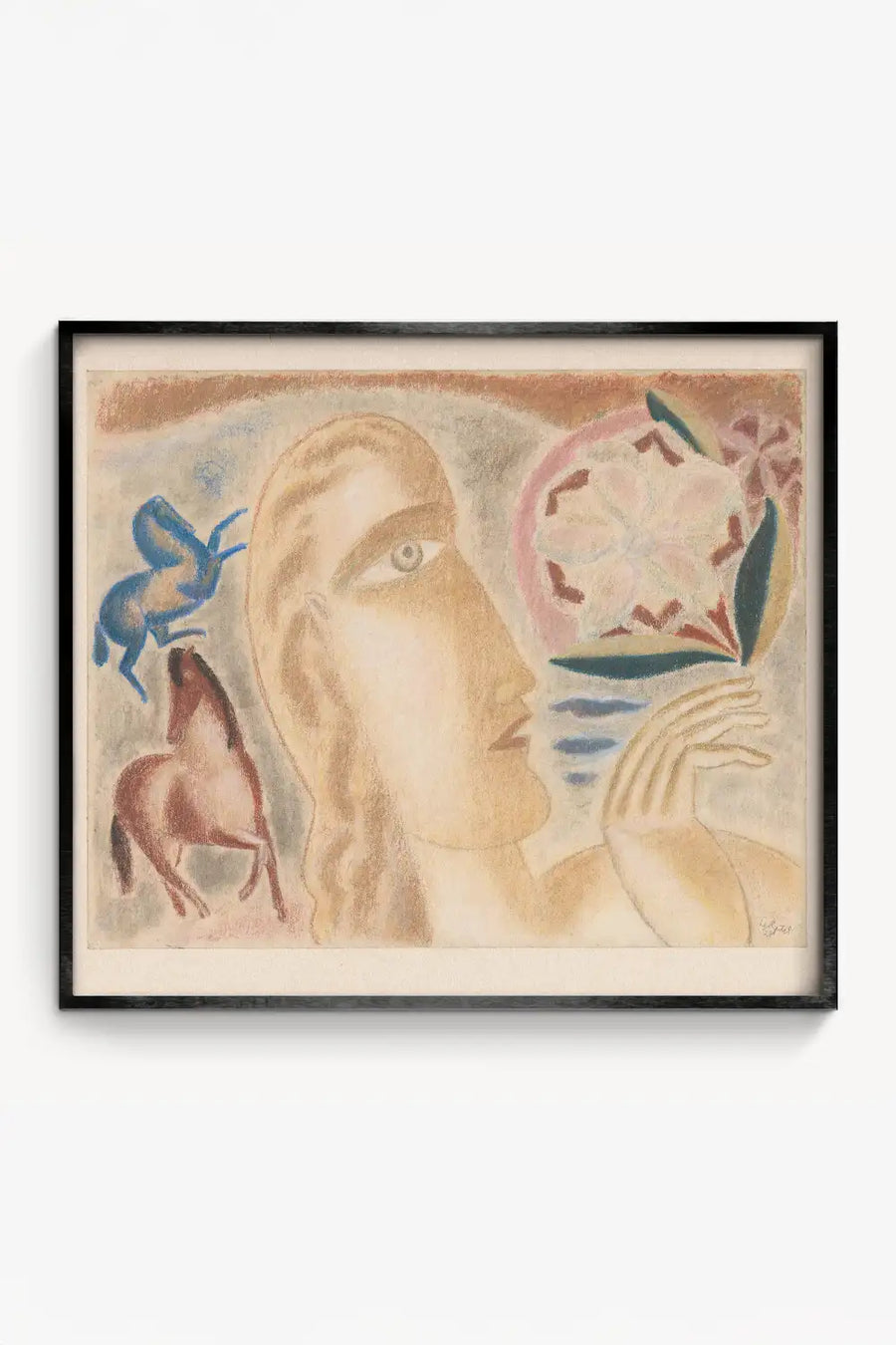 fine art print of surrealist woman and two horses in earth tones