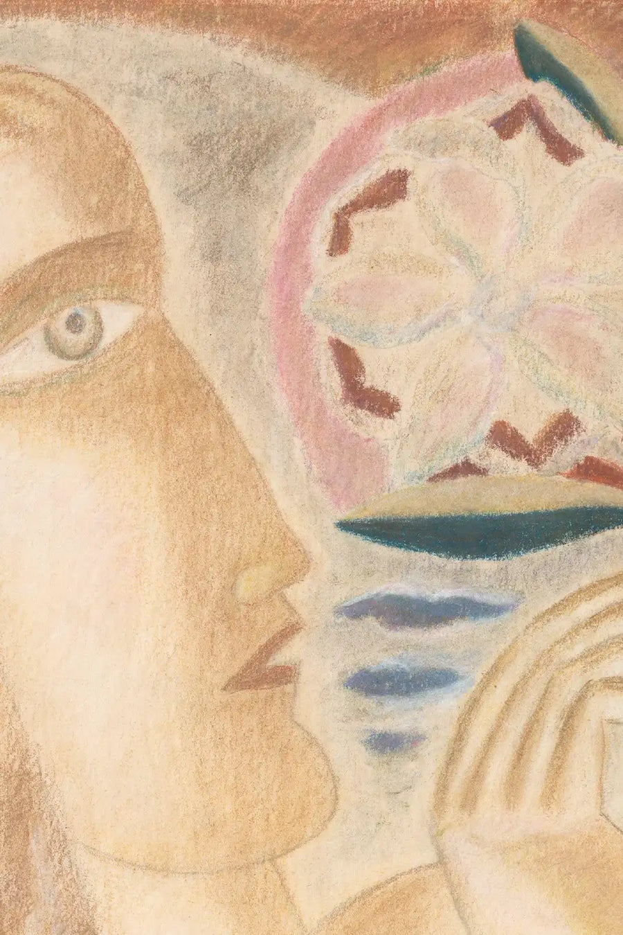 close up texture of fine art print of surrealist woman and two horses in earth tones