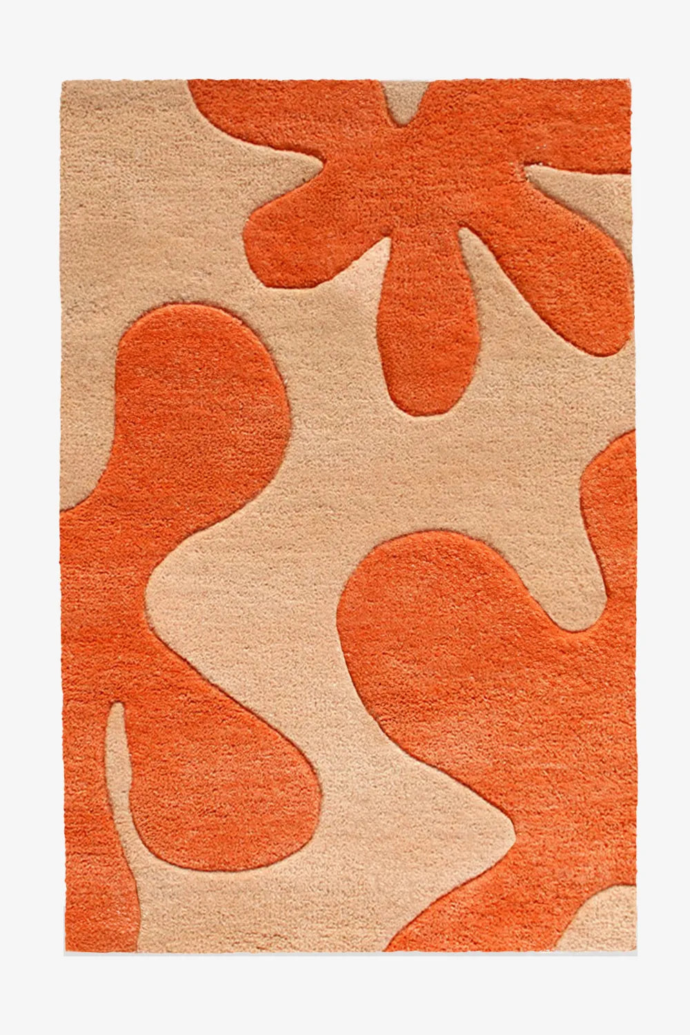 Modern abstract orange and cream wool area rug with playful shapes, shown in 8x10 size