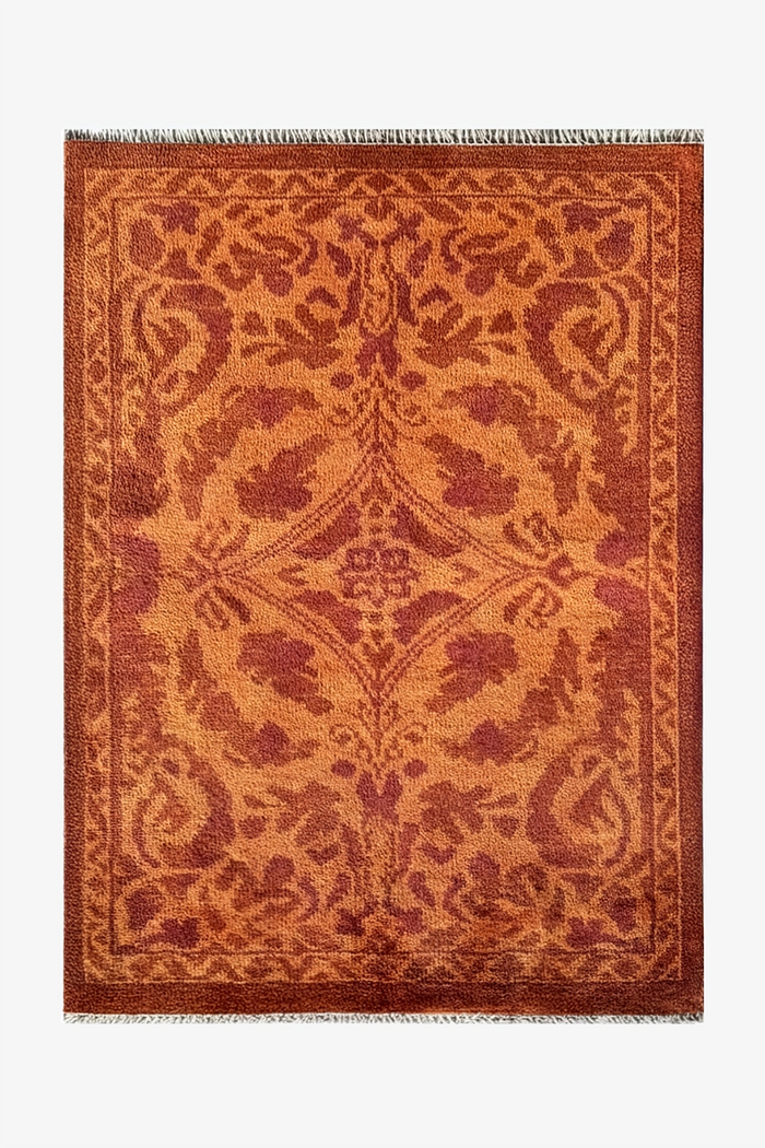 Hand-knotted wool rug with intricate botanical pattern in rust red and gold, 8x10 area rug