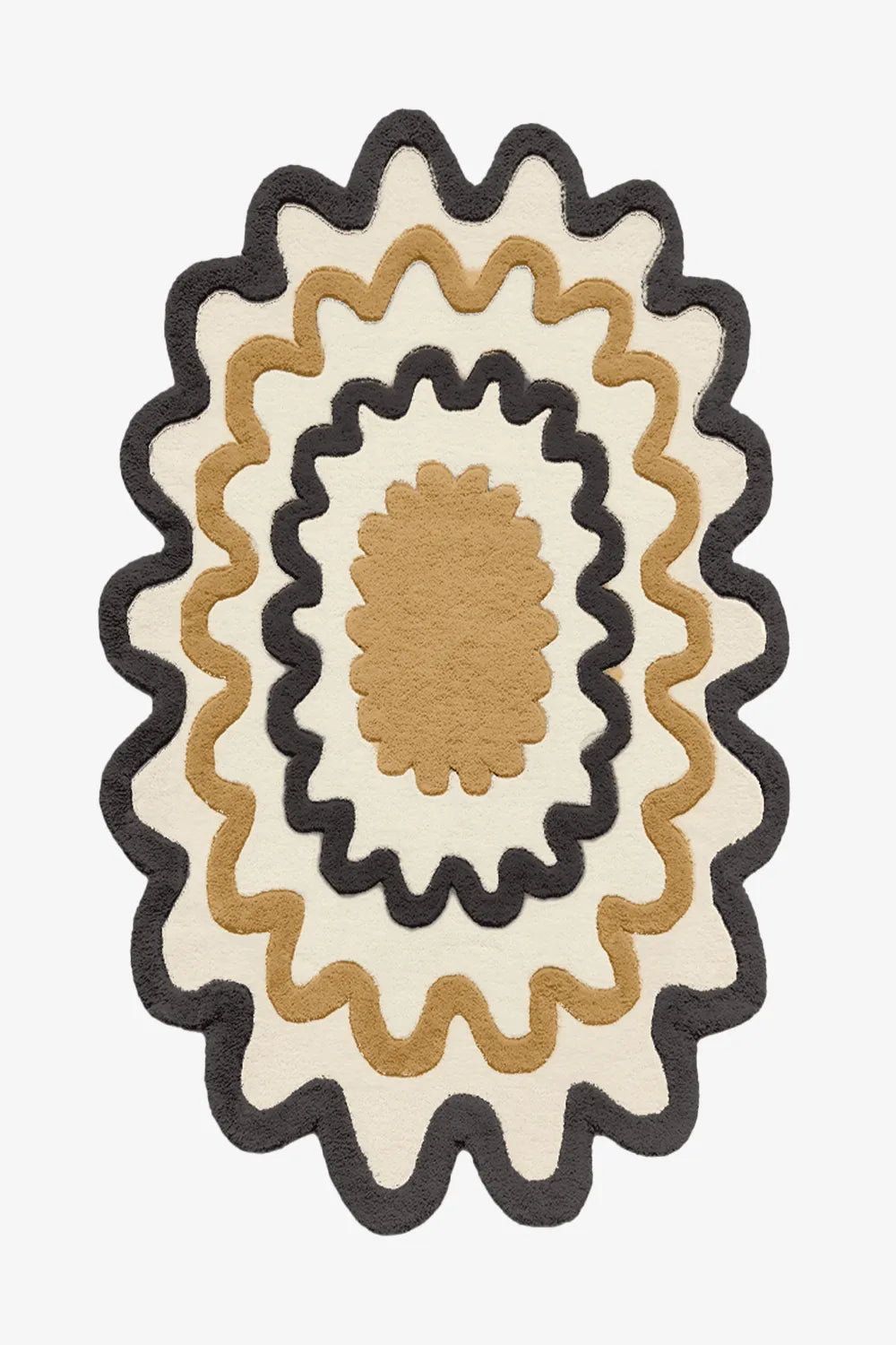 Cream and black scalloped wool rug with mustard center, bold modern living room or entryway rug