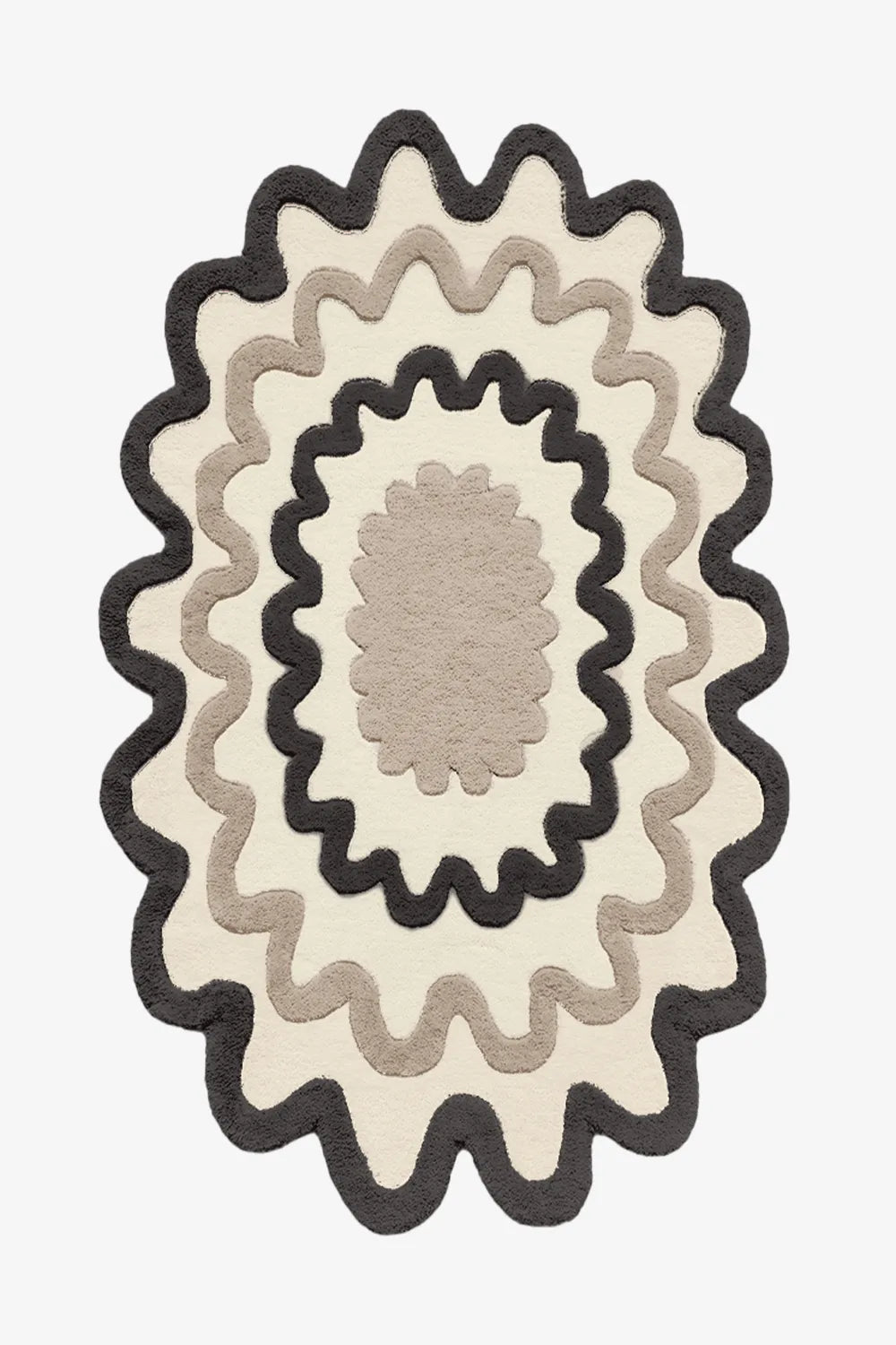 Beige and black scalloped wool rug, modern farmhouse style wool rug for living rooms and hallways