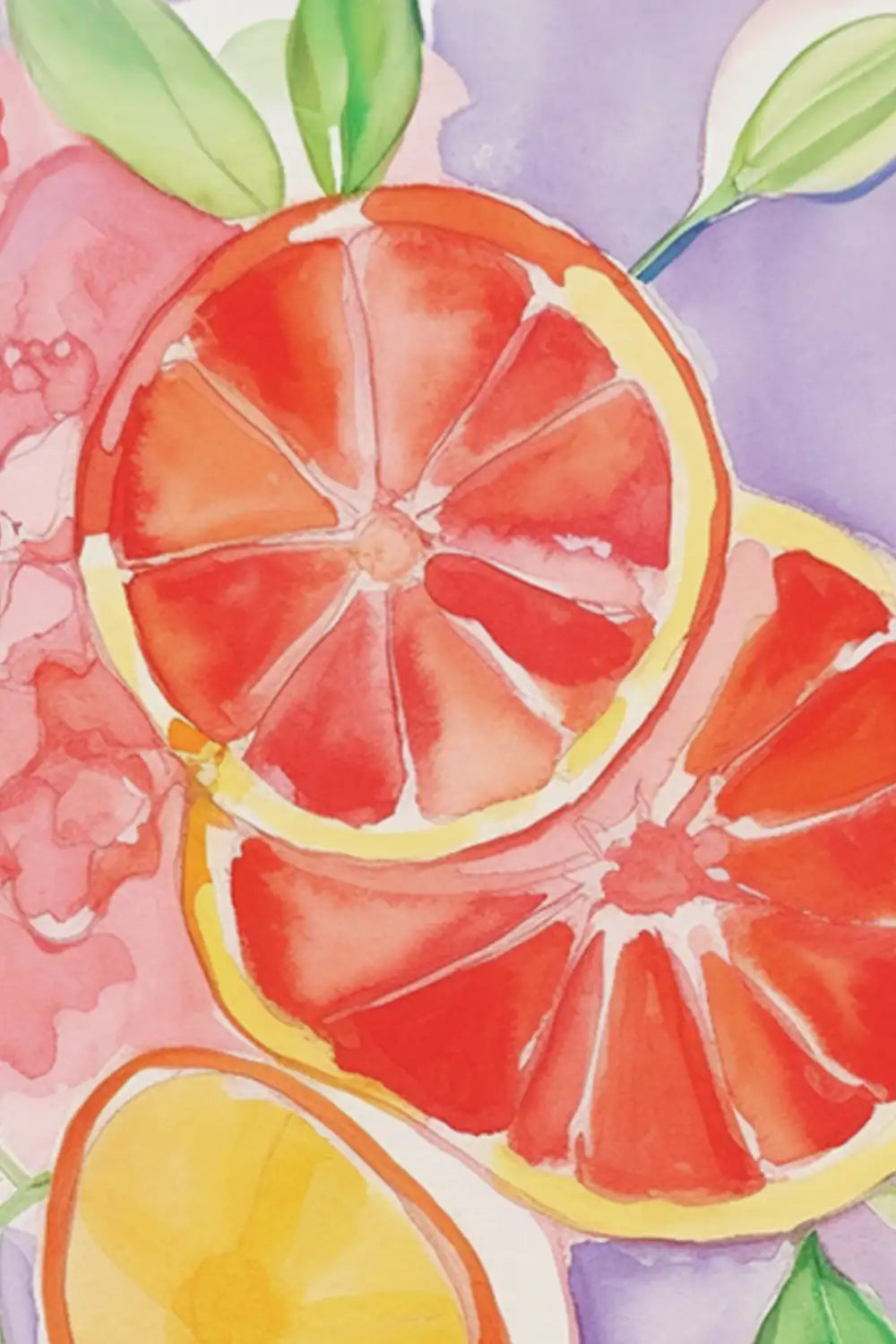 Close-up of citrus watercolor painting with rich red, yellow, and green tones.
