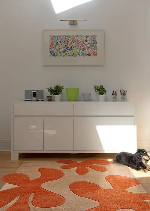 Modern orange floral-patterned rug placed in a bright, minimalist living space with a white credenza and a dog resting nearby.