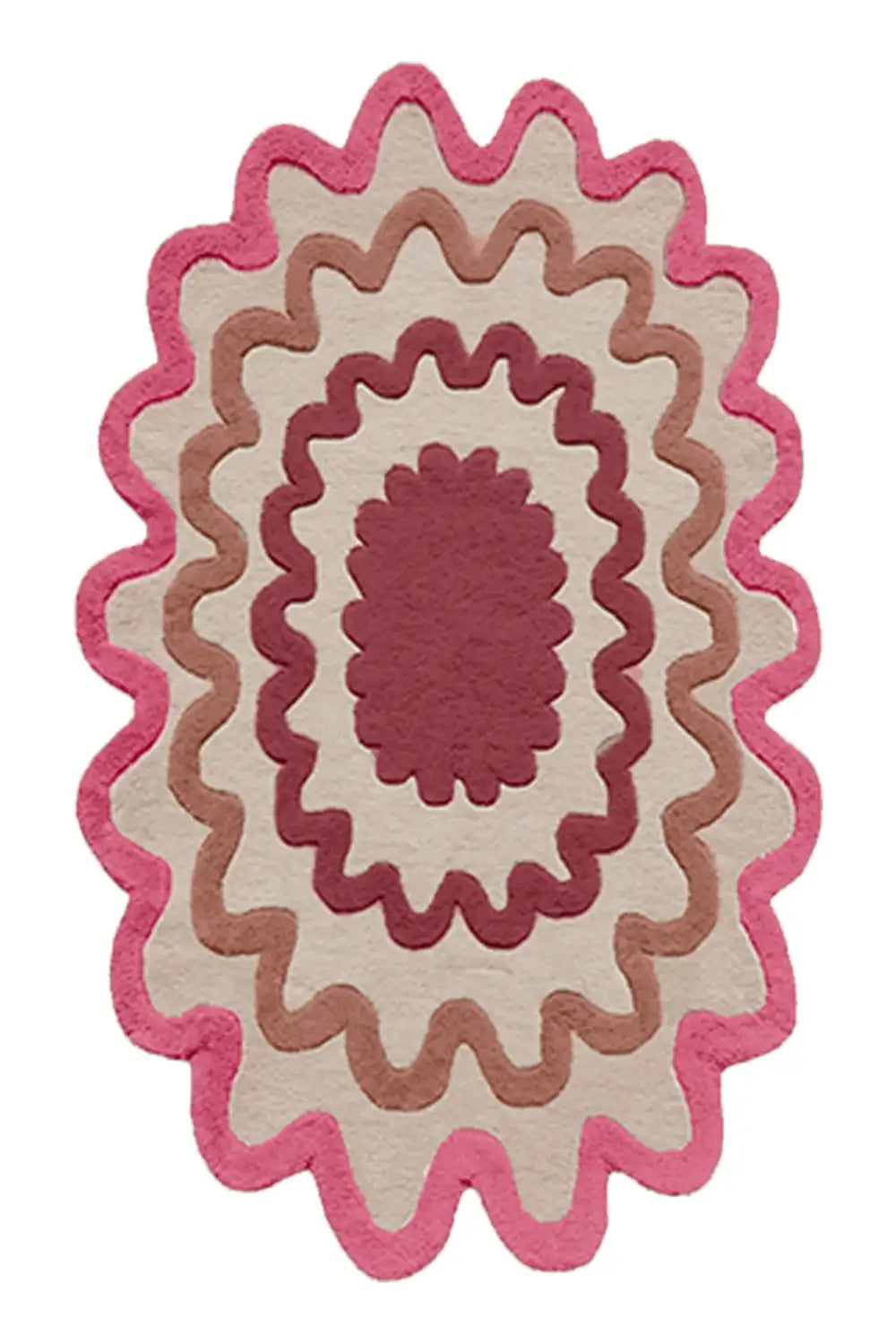 Neutral tan and pink scalloped wool rug, modern boho wool rug for cozy living rooms and reading nooks