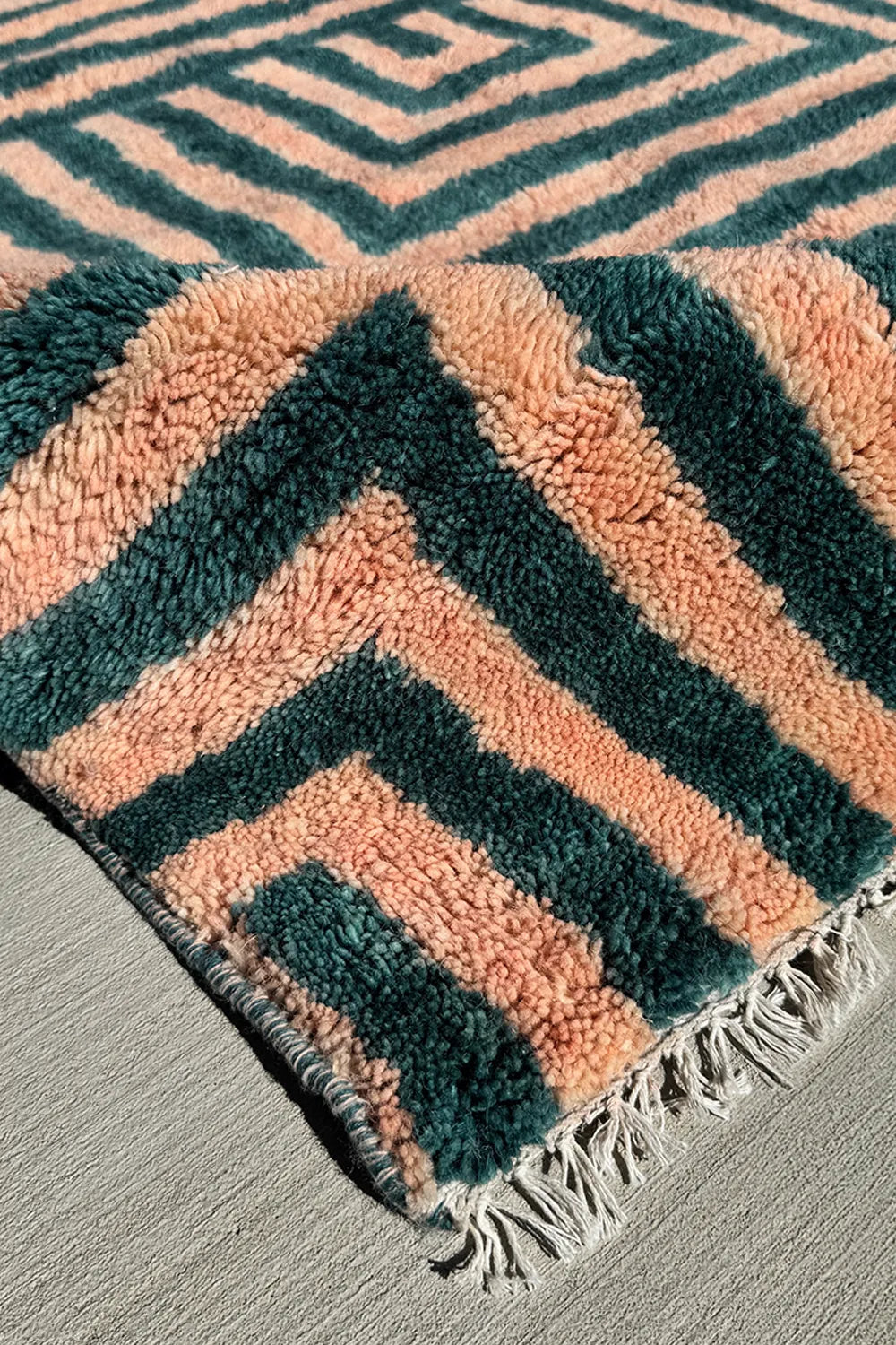 Green and Peach Maze Moroccan Hand Knotted Wool Shag Rug 5x8