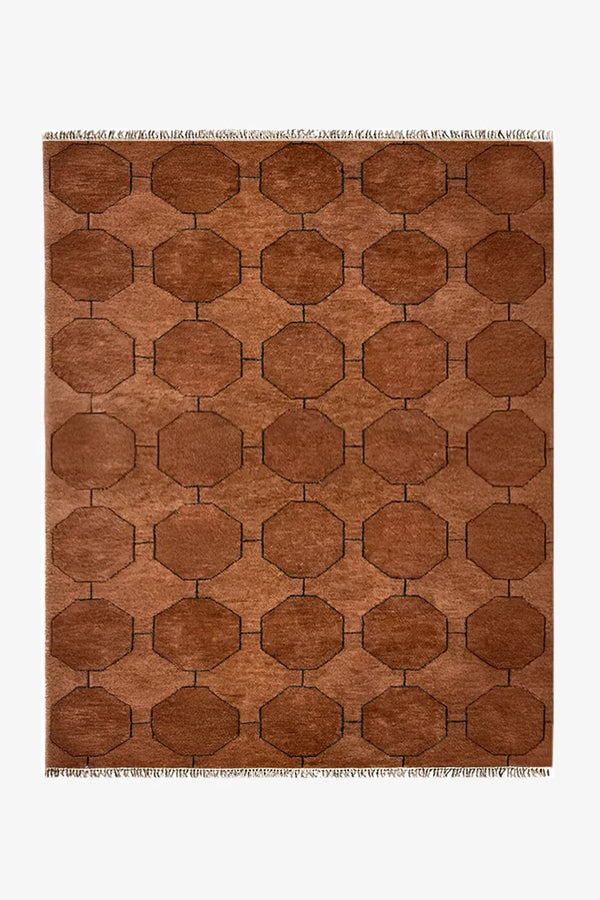 8x10 hand-knotted brown wool rug with geometric octagon pattern for modern living rooms and dining areas | 5x7