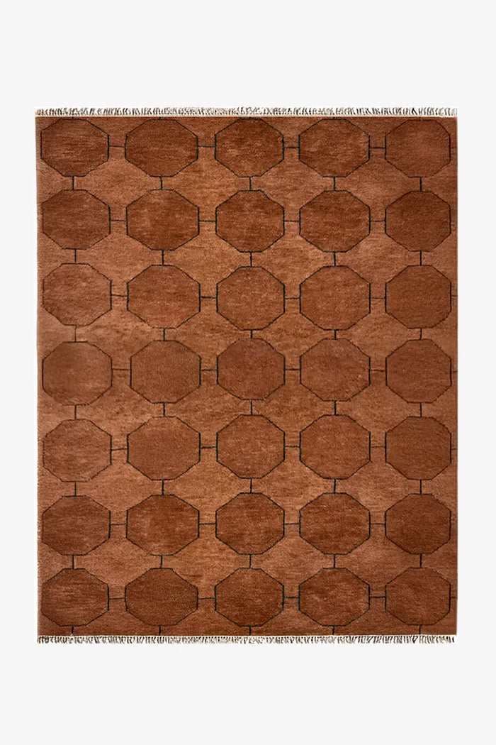 8x10 hand-knotted brown wool rug with geometric octagon pattern for modern living rooms and dining areas | 5x7