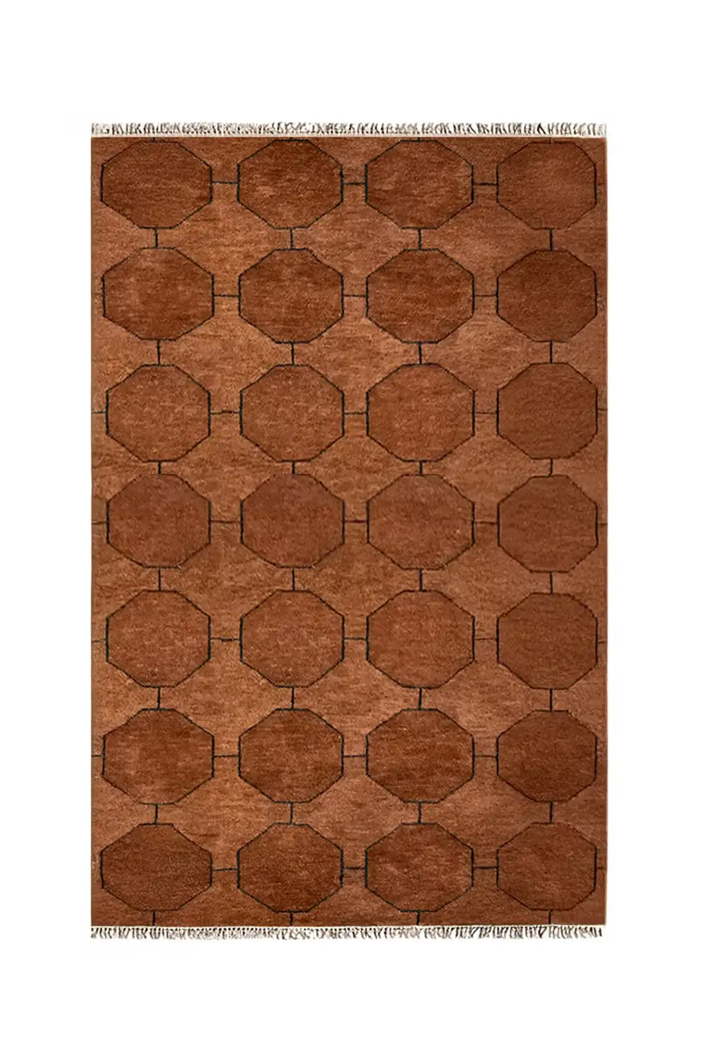 Brown geometric wool rug featuring an interlocking octagonal pattern with subtle black outlines, finished with a short fringe on both ends.