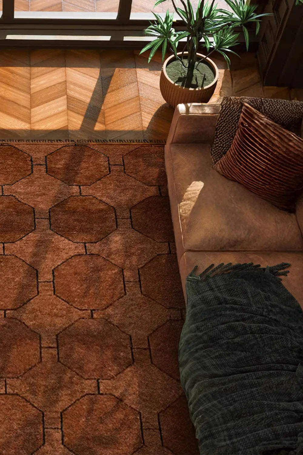 Handmade brown wool rug with a geometric octagon pattern, styled in a warm, modern living room with a leather sofa and textured pillows. A luxurious, custom rug designed for timeless interiors.