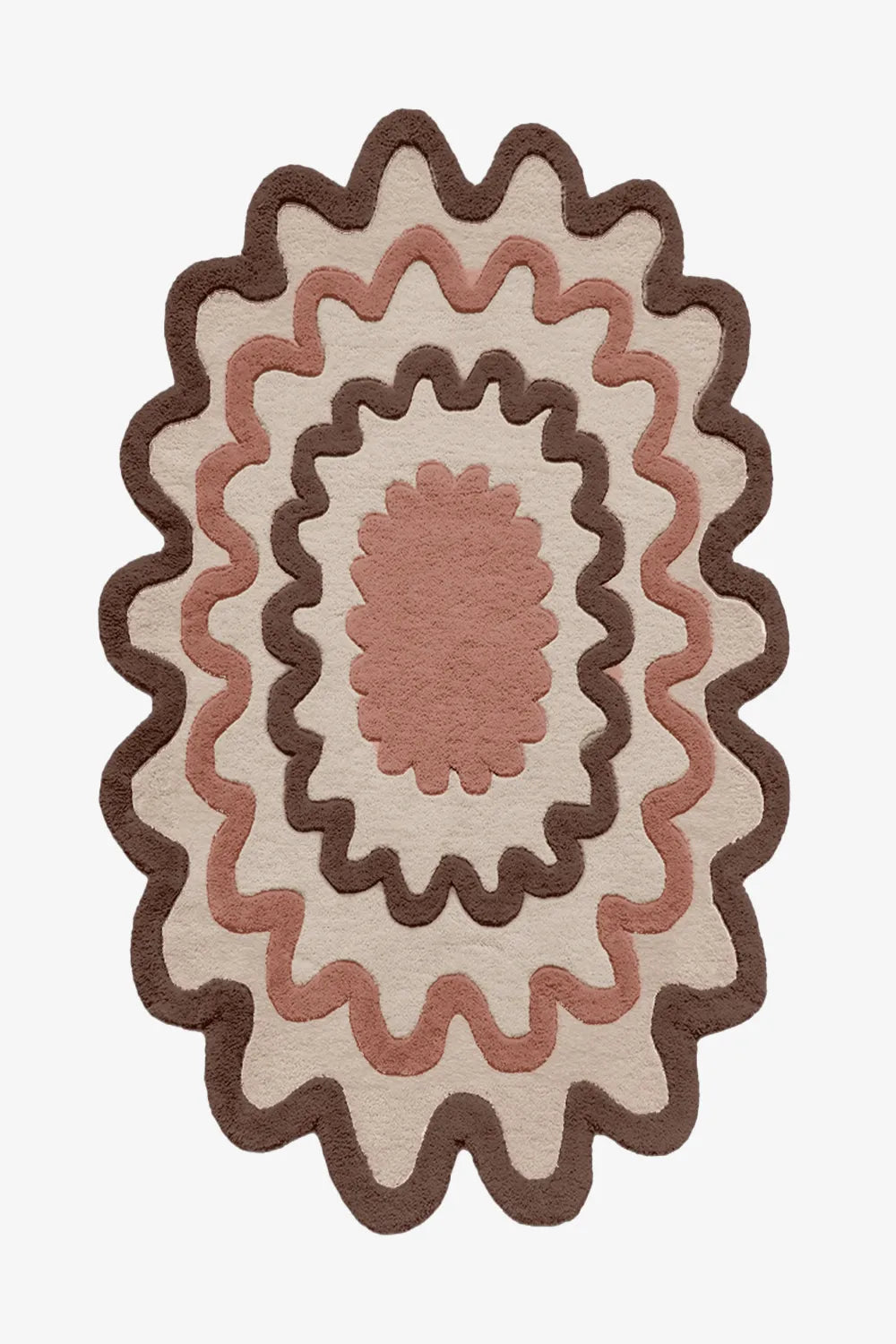 Terracotta and pink scalloped wool rug, boho modern wool rug for colorful bedrooms and cozy living spaces