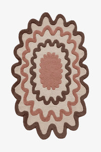 Terracotta and pink scalloped wool rug, boho modern wool rug for colorful bedrooms and cozy living spaces