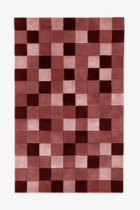 8x10 modern burgundy and pink wool checkered rug with tonal square pattern and soft plush texture