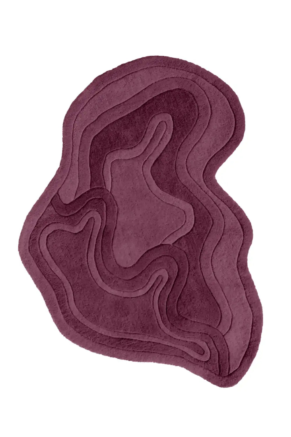 Burgundy abstract wool rug with topographic inspired irregular shape and carved texture