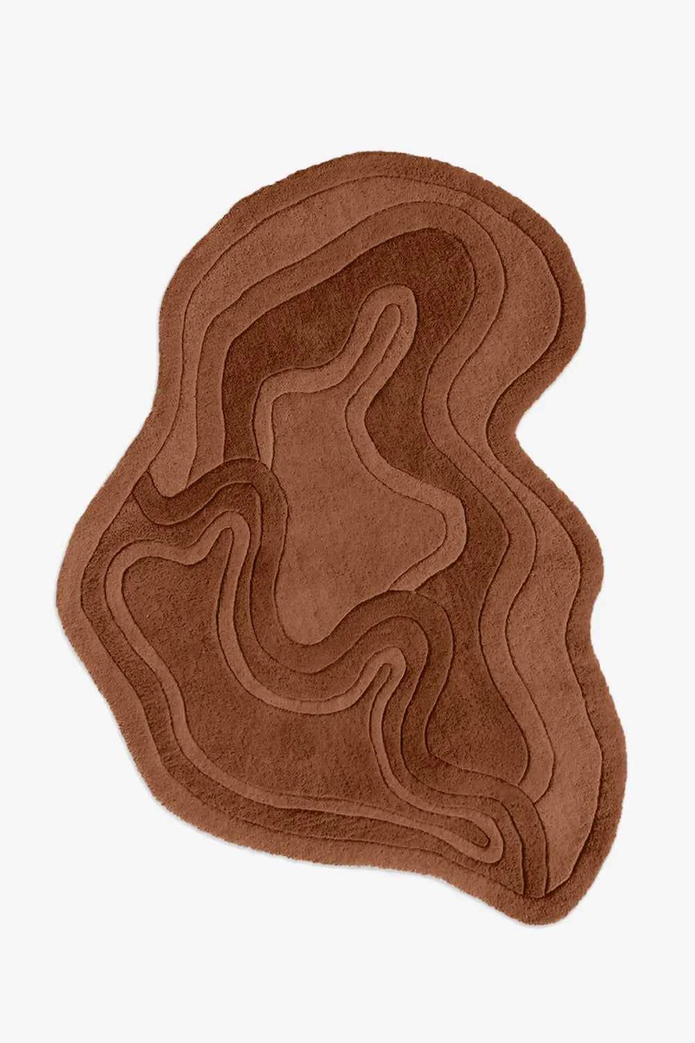Brown irregular shaped wool rug with abstract sculpted layering and topographic design