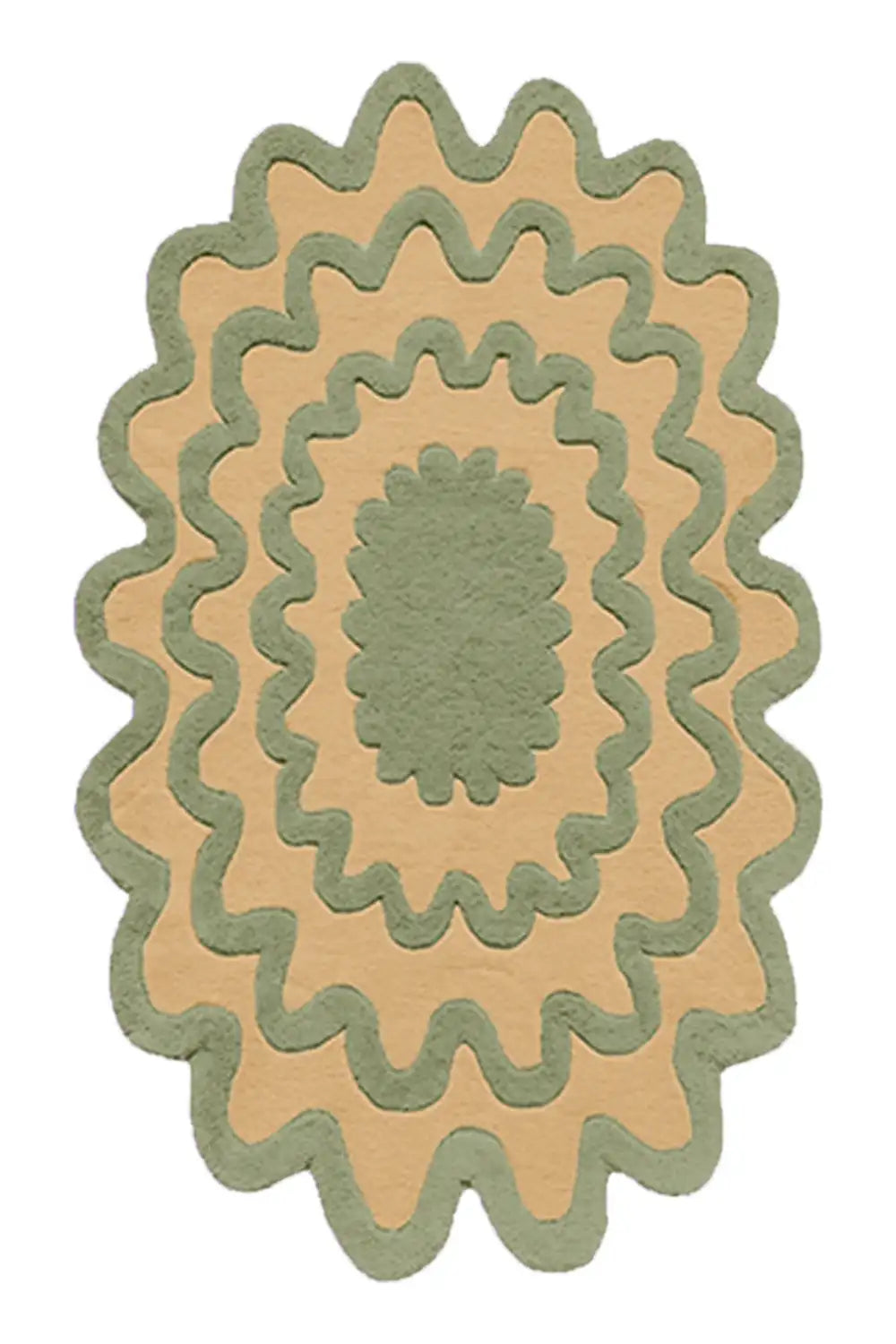 Green and tan ripple wool rug with wavy border, organic boho oval area rug