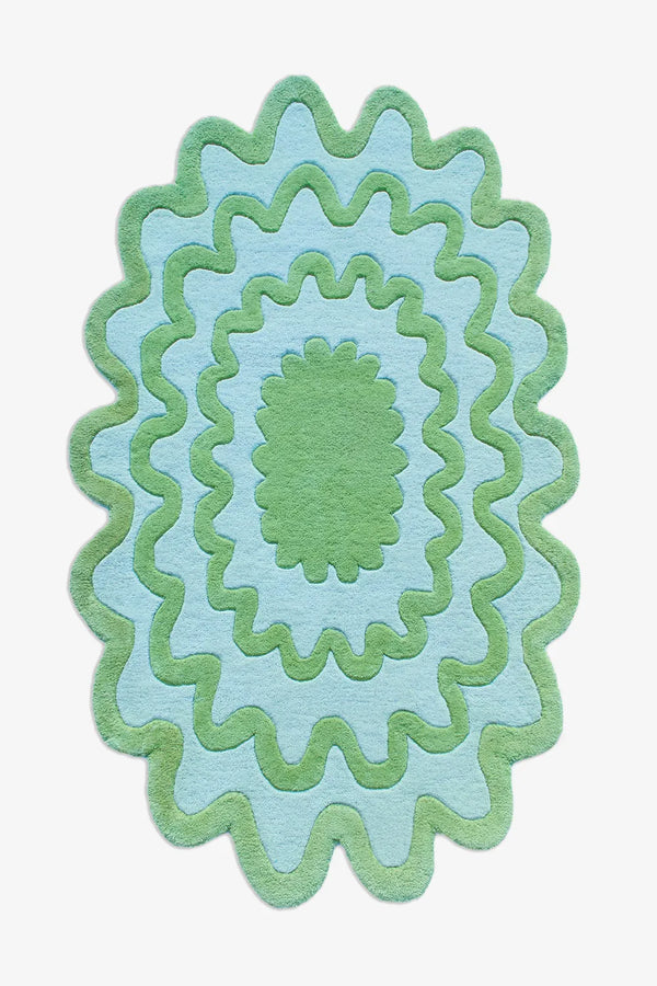 3x5 green and blue wavy abstract rug with playful scalloped edges, modern organic design for living rooms or bedrooms. teal