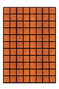 Modern boho area rug in terracotta with bold dark brown grid lines, hand-tufted from plush wool

