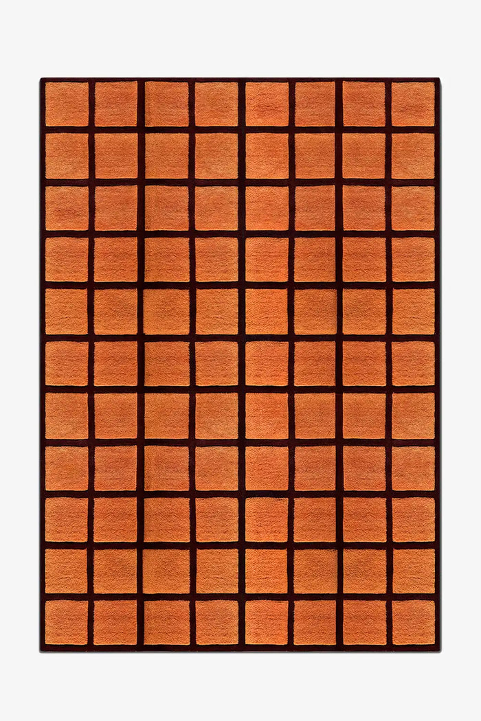 8x10 terracotta and brown wool rug with grid pattern and sculpted tufted texture, perfect for modern living rooms