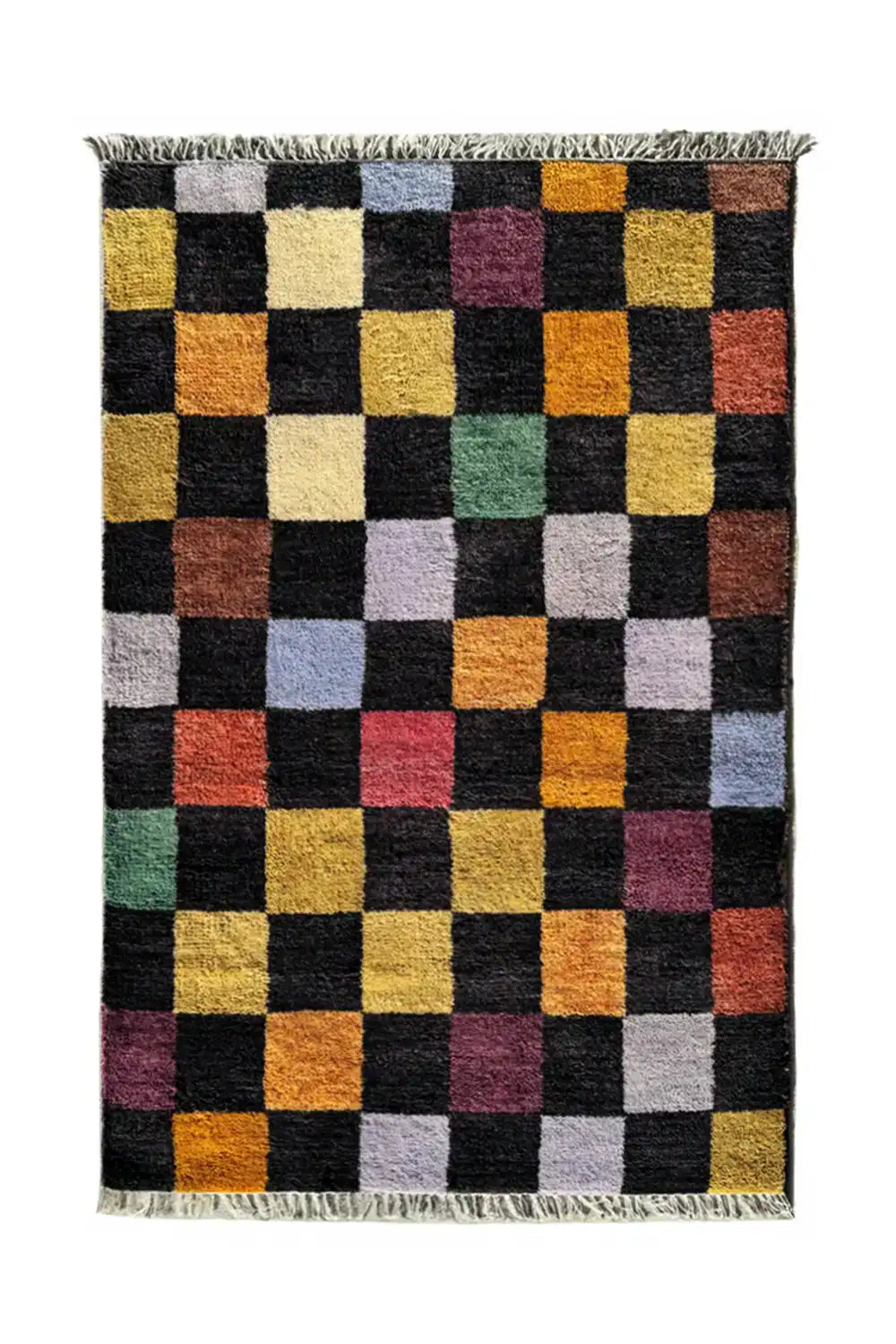 Colorful checkered hand-knotted wool rug with multicolor squares on a black background