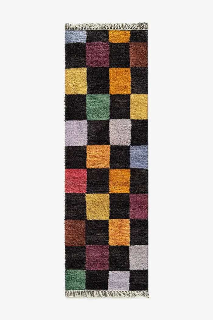 Colorful 3x8 wool runner rug with checkered grid pattern, ideal for modern hallways and entryways