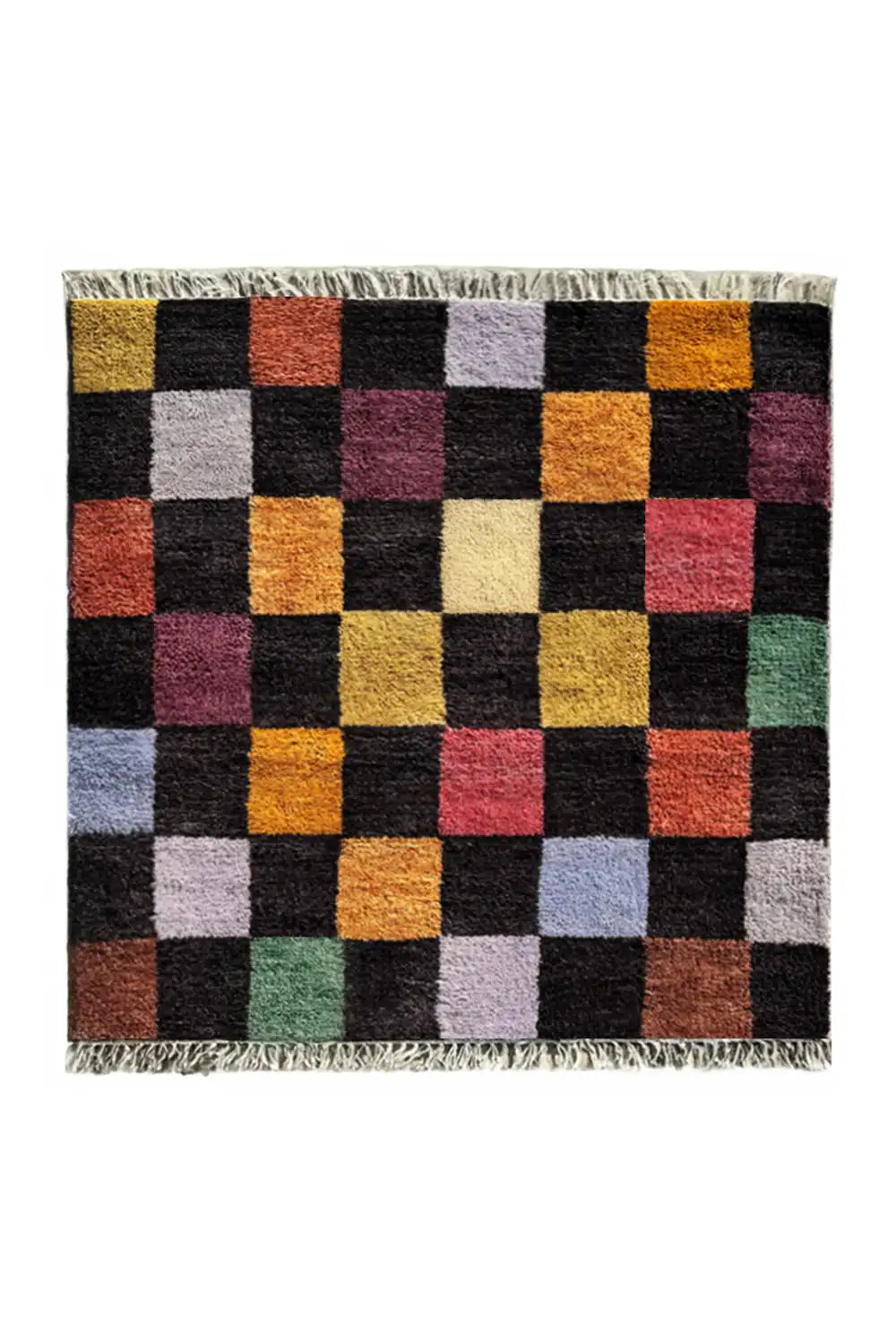 Square wool rug with a colorful checkerboard design and black background
