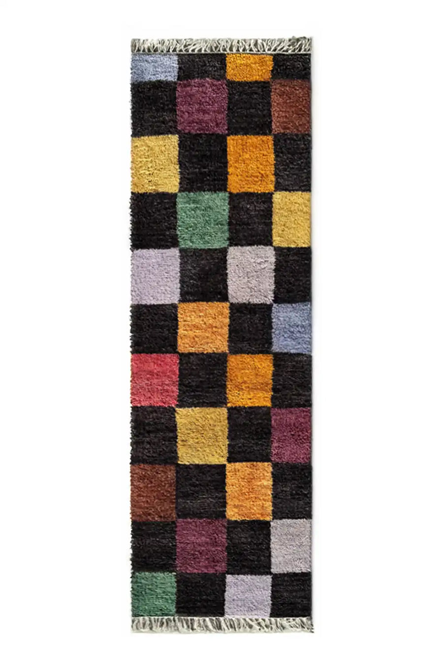 Colorful checkered wool runner rug with multicolor squares on a black background