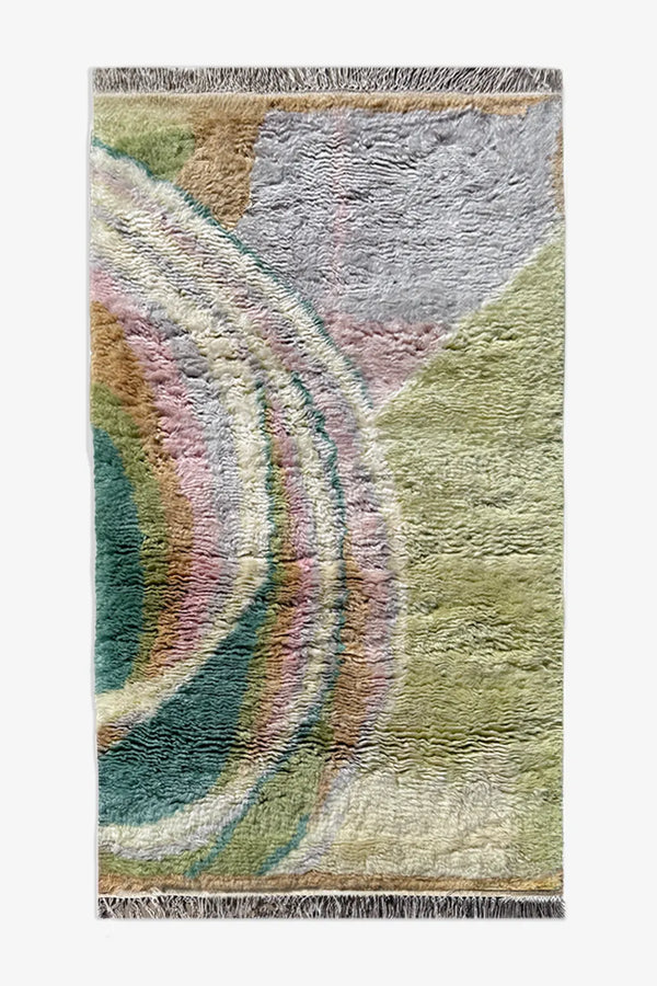 green and purple colorful pastel abstract shag rug, modern wavy wool rug for living room
