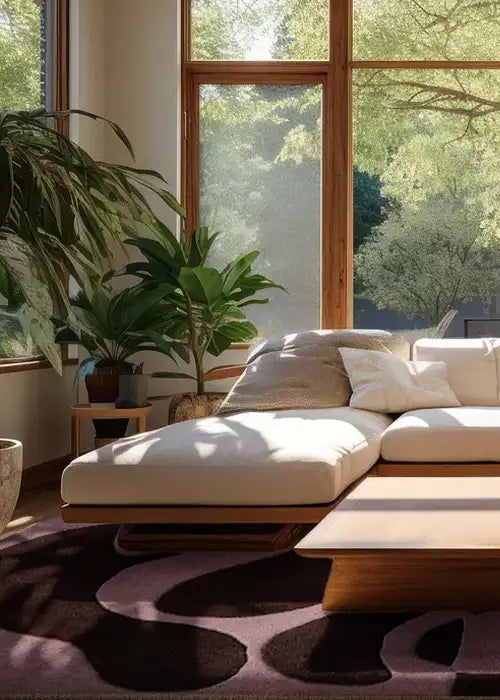 Modern living room featuring a burgundy and pink abstract wool rug
