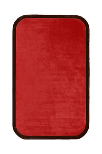 A rich rust-colored wool rug with a smooth, velvety texture and a dark brown outline along its curved rectangular edges.