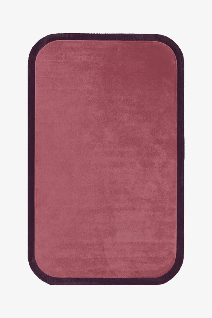 5x8 pink wool rug with burgundy border, minimalist style